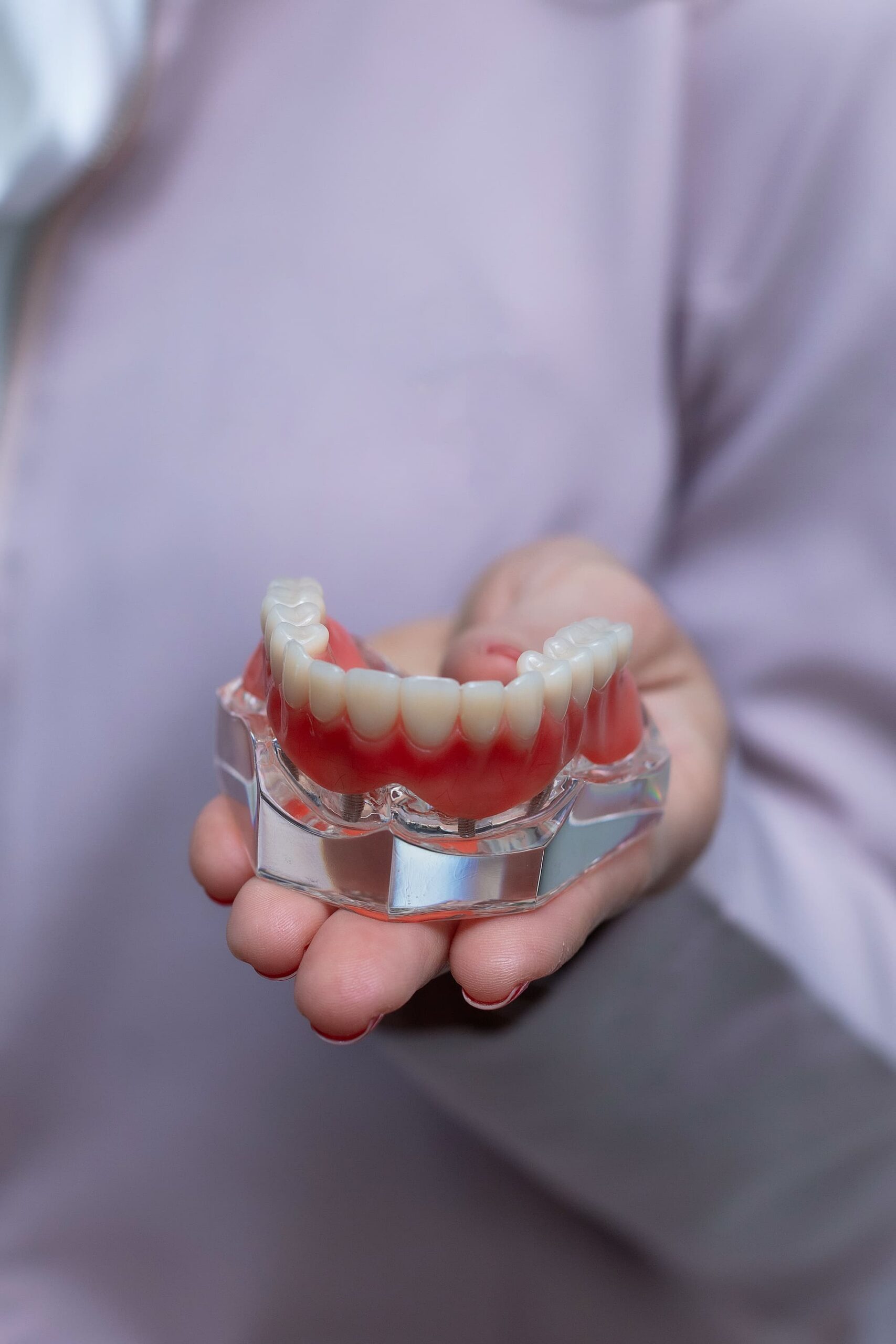 Dental professional holding a lower jaw denture model