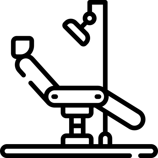 Black and white icon of a dental chair with overhead light
